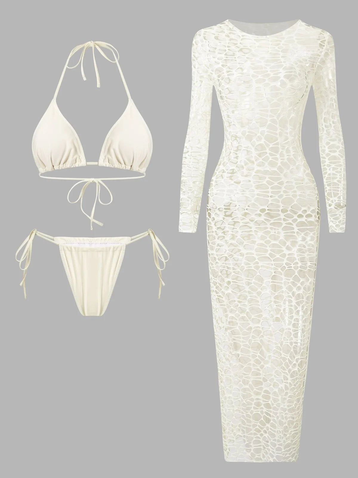 Sexy Hole Out Mesh Long Sleeve Dress 3 Piece Bikini Set