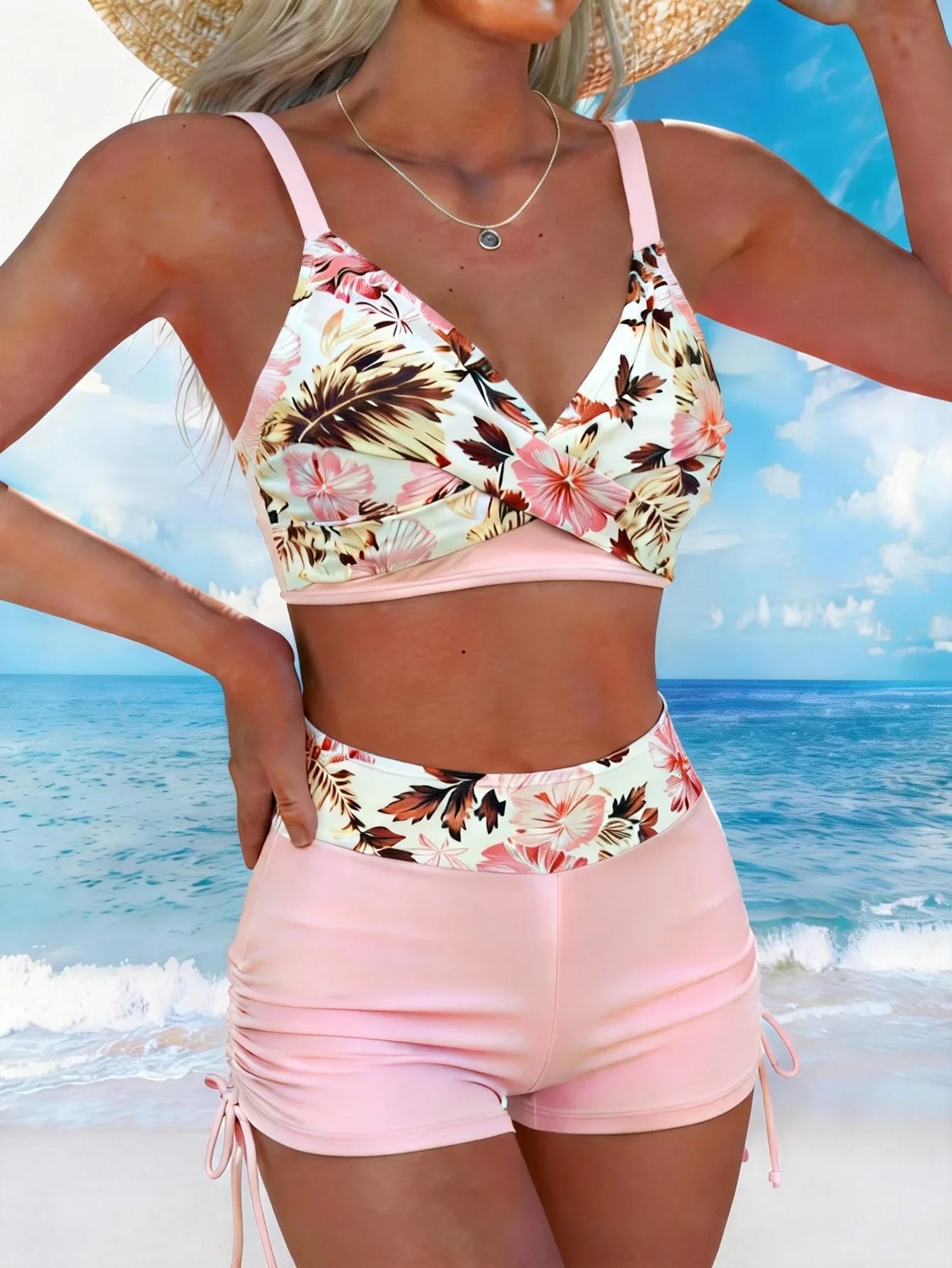 Vintage Pink Floral Print Tankini Women Cross Push Up Bra Drawstring Side High Waist Swimsuit