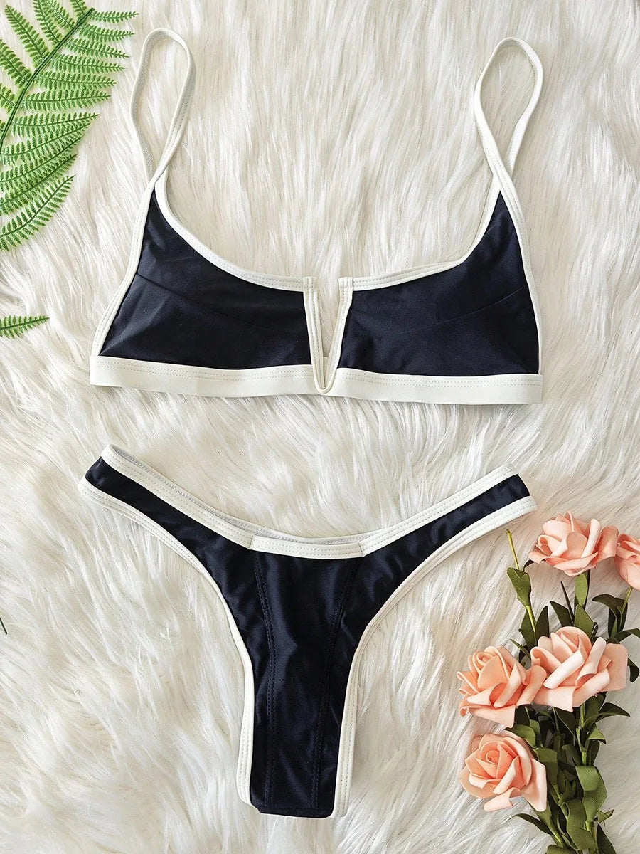 S - XL Splicing V Shaped Thong Bikini