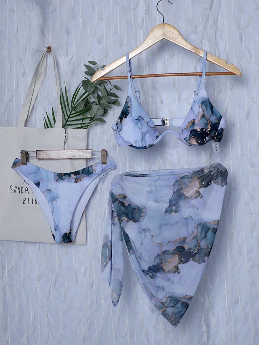 Marble Print V-Bar Underwired Bikini