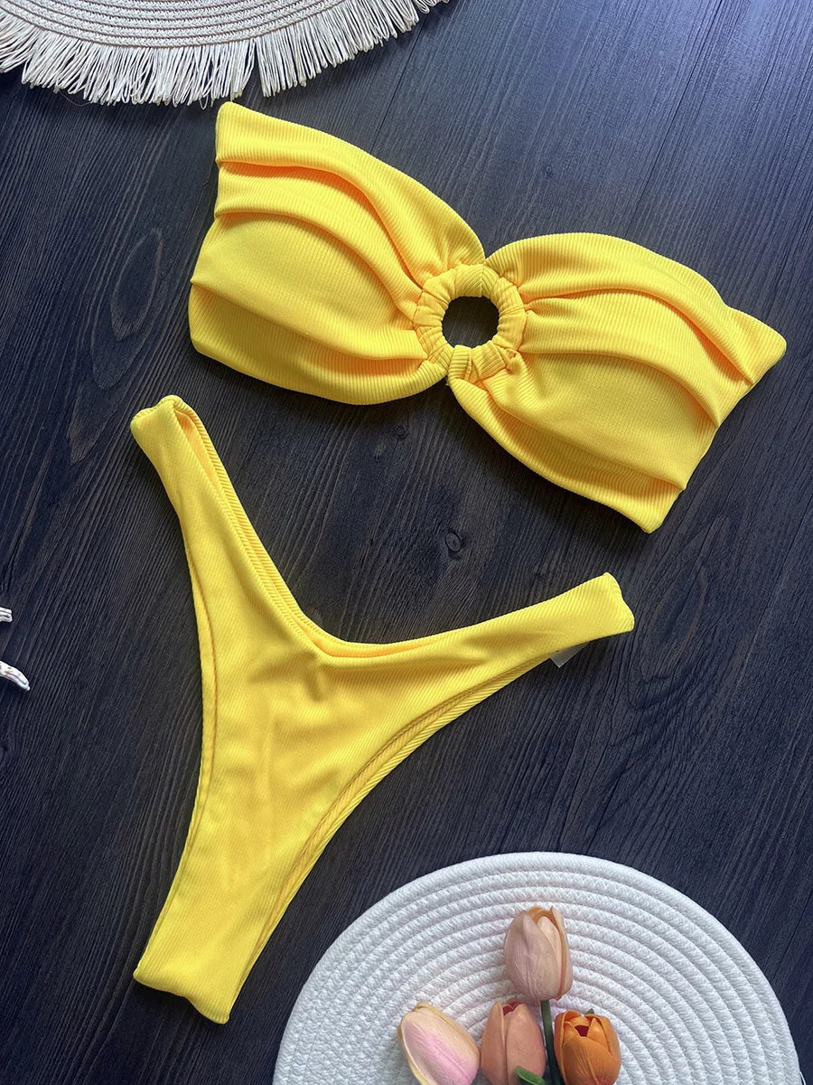Floral Printed Wrinkled Bandeau Bikini