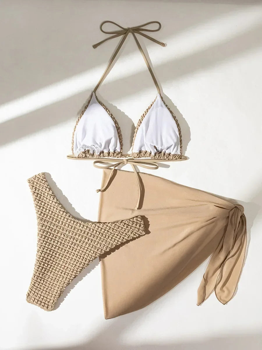 with Mesh Sarong Skirt Wrinkled Halter Bikini