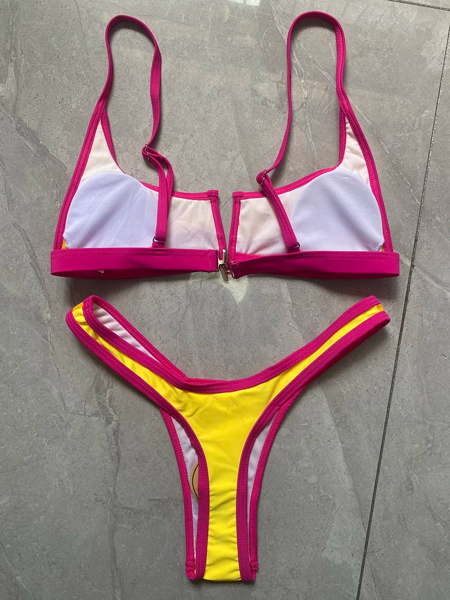 S - XL Splicing V Shaped Thong Bikini