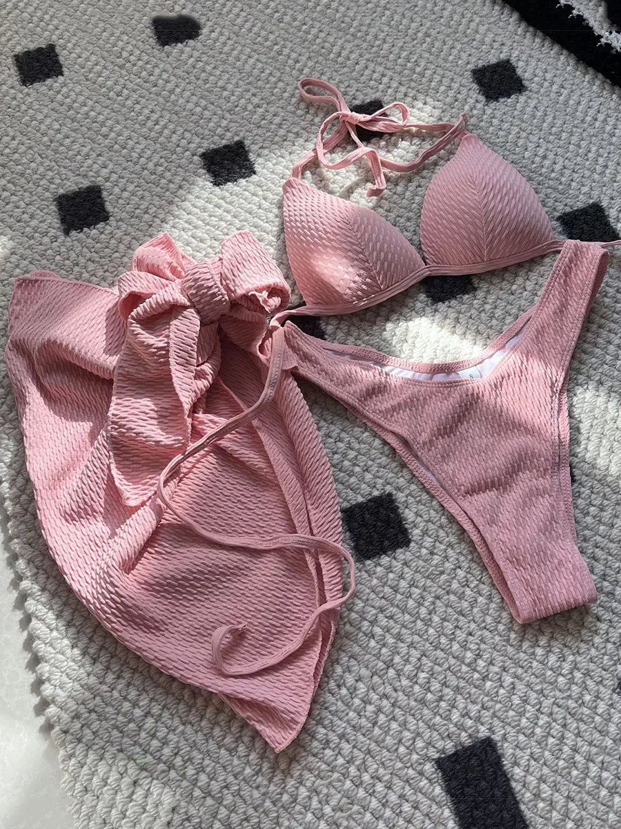 With Beach Sarong Bra Cup Wrinkled Bikini