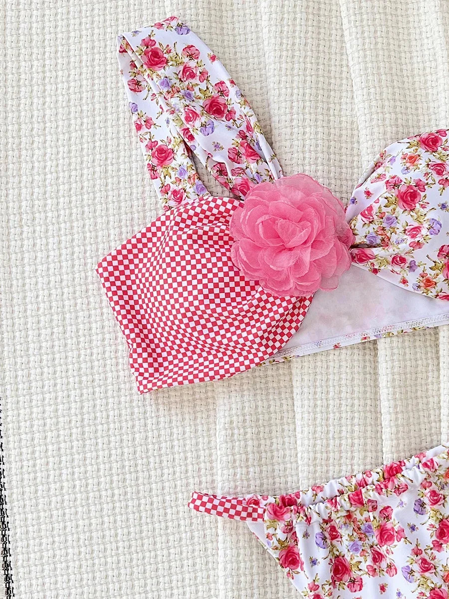 Splicing 3D Flowers One Shoulder High Cut Bikini