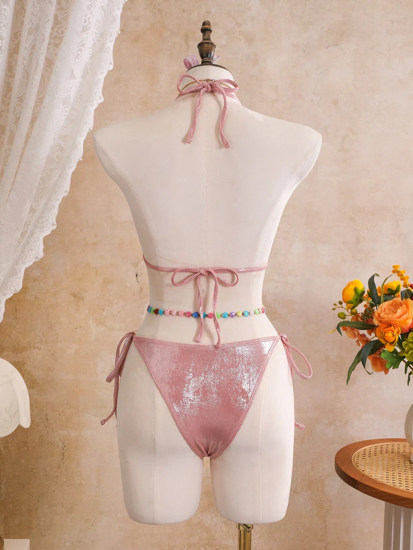 Sexy Pink 3D Flowers Embroidered Bikini Set