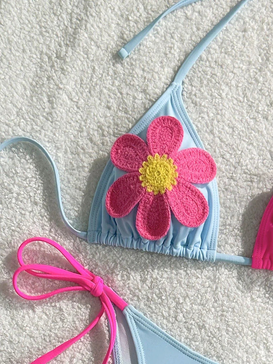 XS - L Splicing Halter 3D Flower Bikini