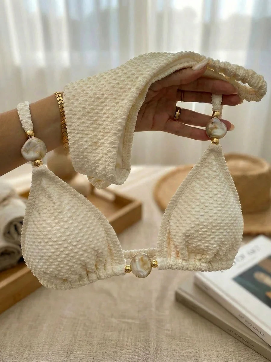 Wrinkled Crinkled Halter Beads Bikini