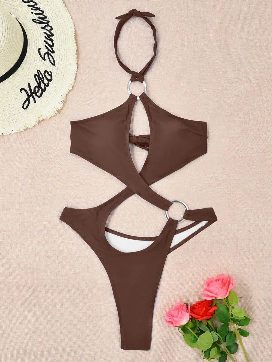 Sexy Tummy Cut Out Halter Women Thong Swimwear One Piece Swimsuit
