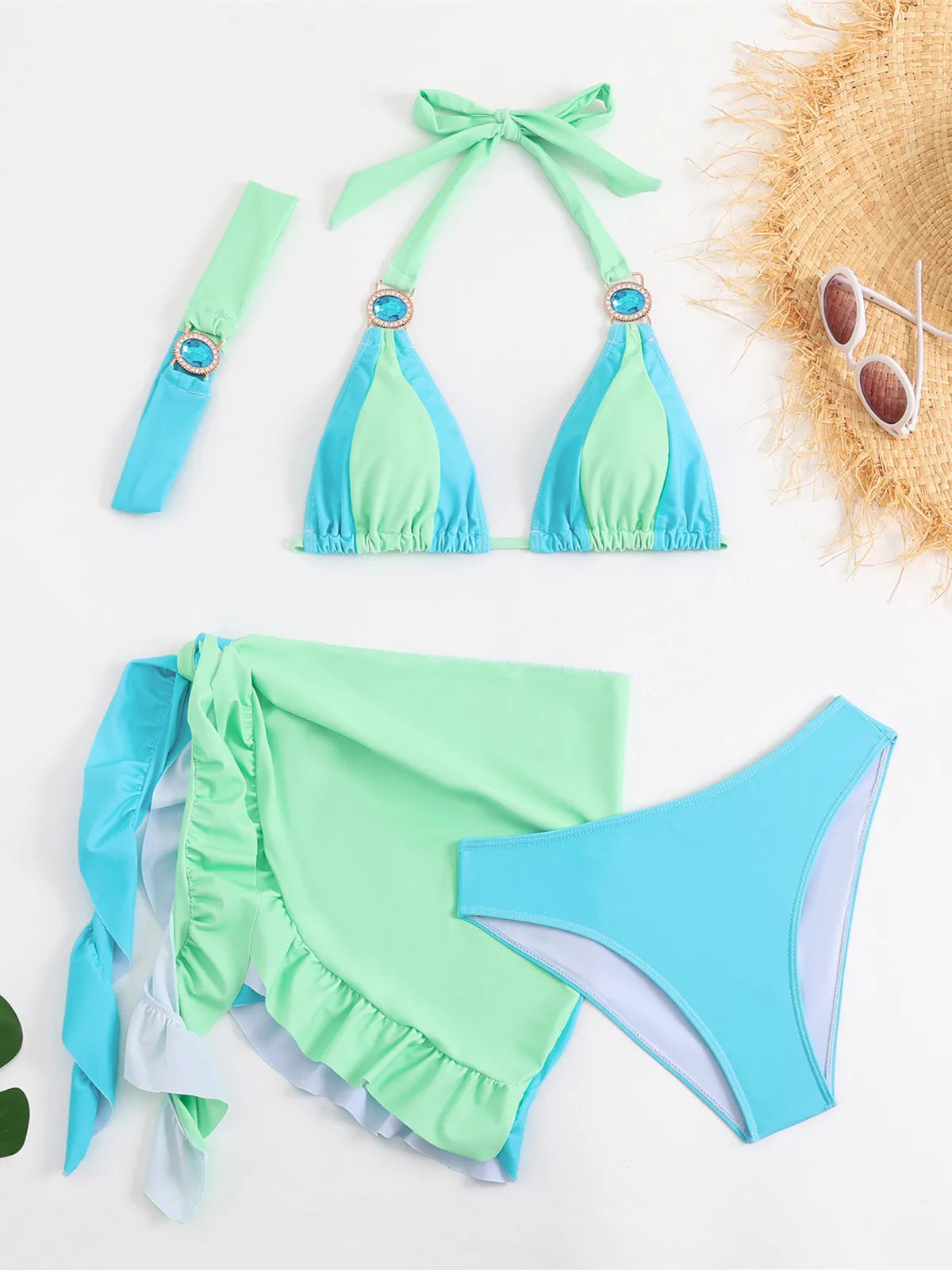 Green Contrast Diamond Push Up Ruffles Skirt 4 Piece Swimsuit