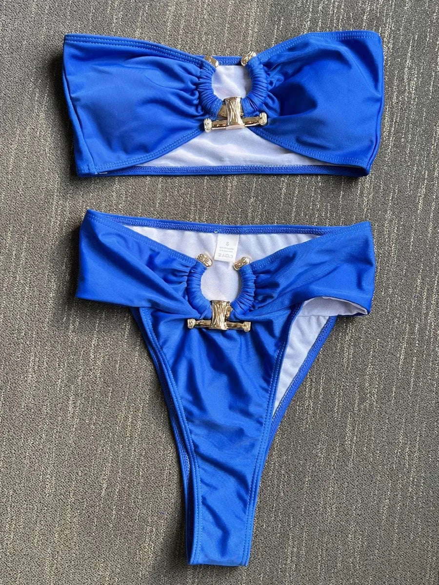 Metal Buckle Bandeau High Waist Bikini