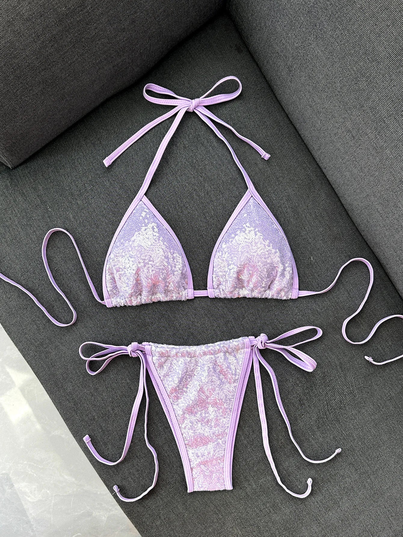 Shiny Sequin Black Pink Micro Bikini