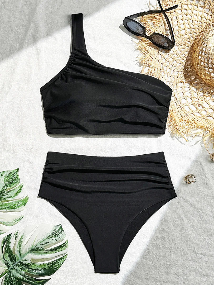 Sexy Wrinkled One Shoulder High Waist Bikini