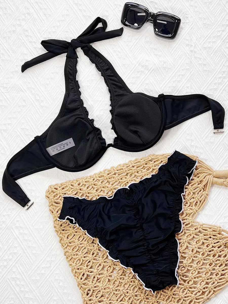 Ruffled Halter Underwired V-bar Bikini