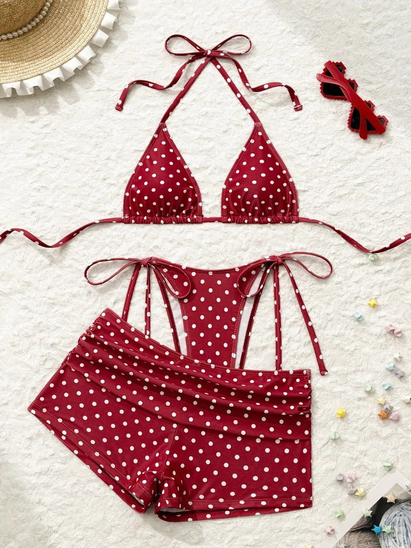 With Shorts Polka Dot Halter Mini Micro Thong Bikini