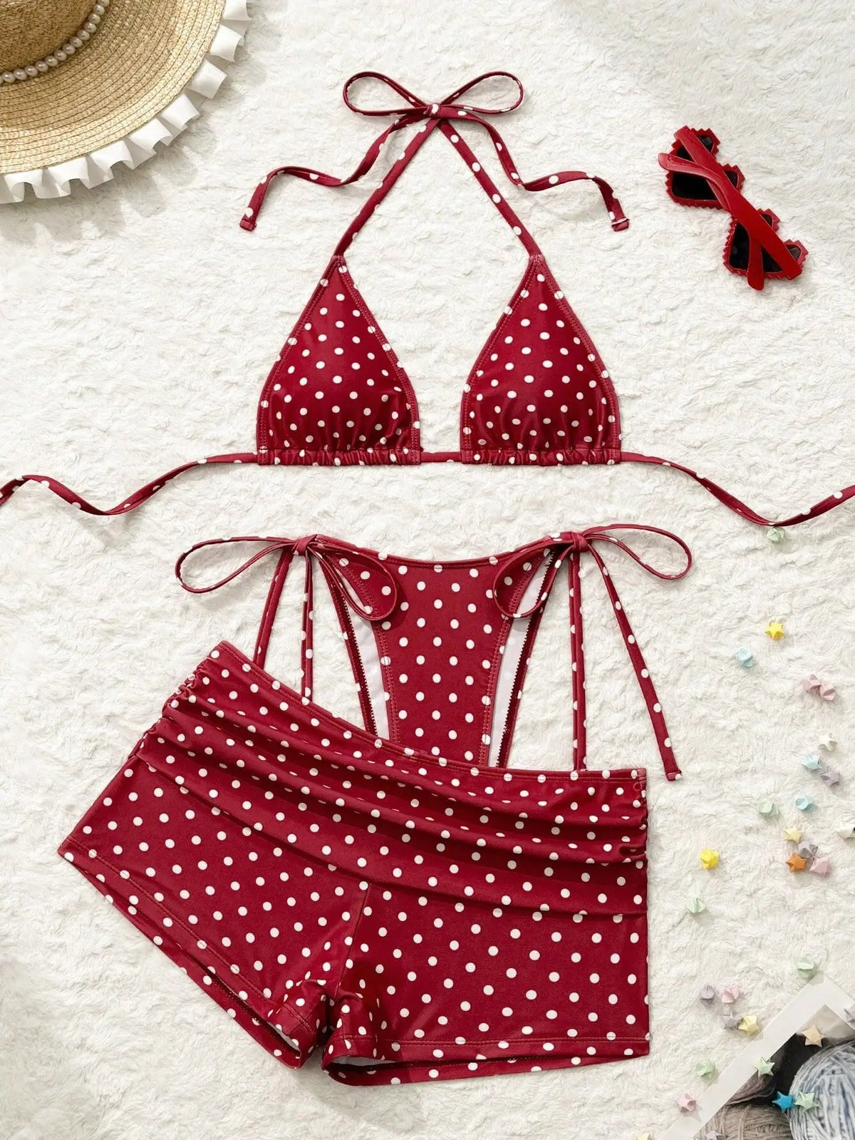 With Shorts Polka Dot Halter Mini Micro Thong Bikini