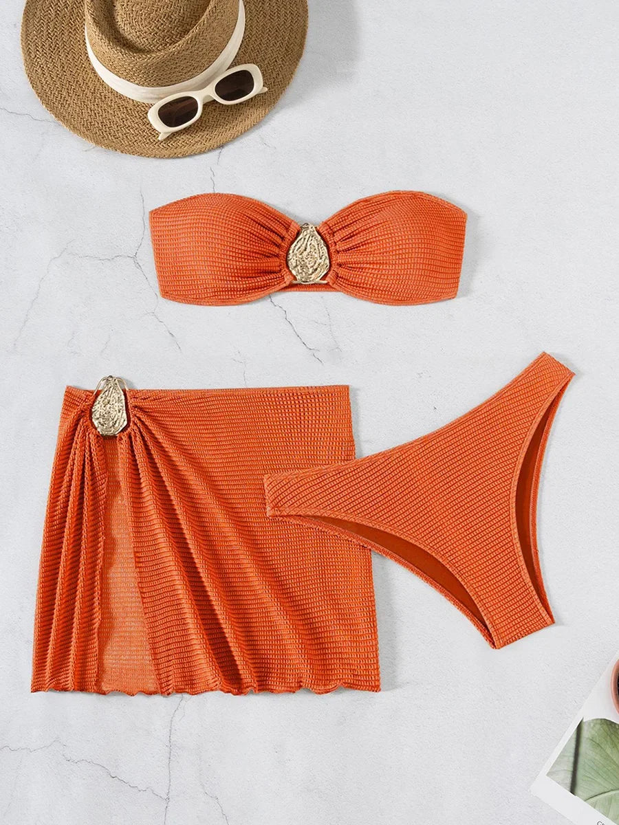 With Skirt Wrinkled Bandeau Bikini