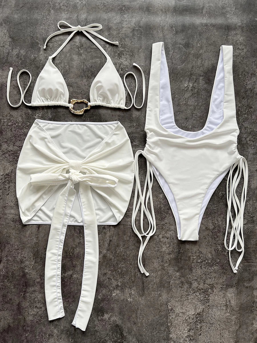 With Skirt Halter Metal Ring Bikini