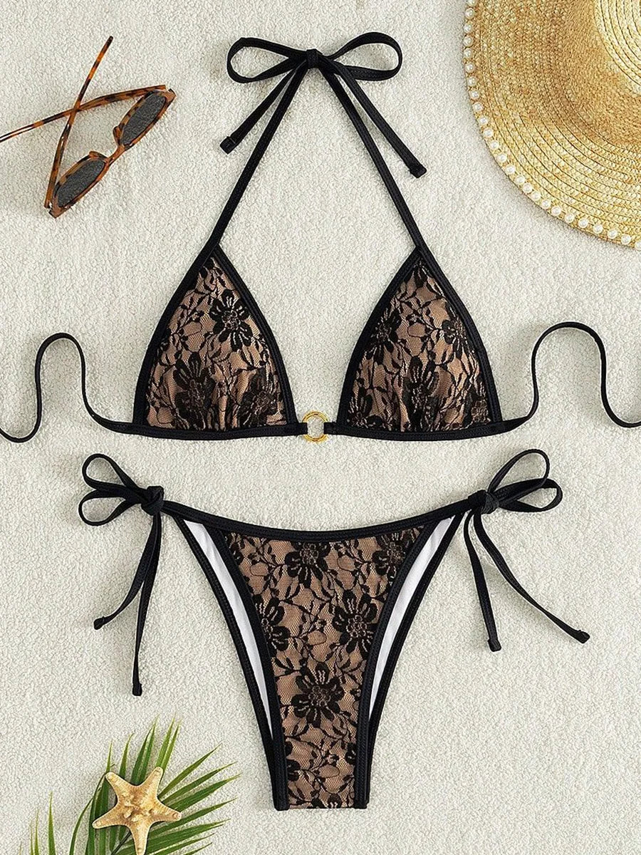Embroidery Mesh Lace Halter Bikini