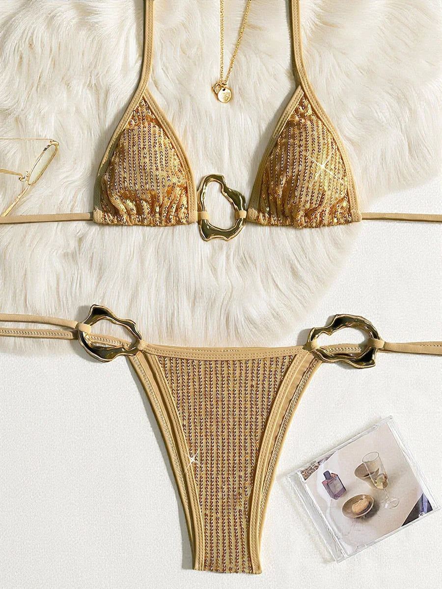 Metal Ring Shiny Sequins Bikini