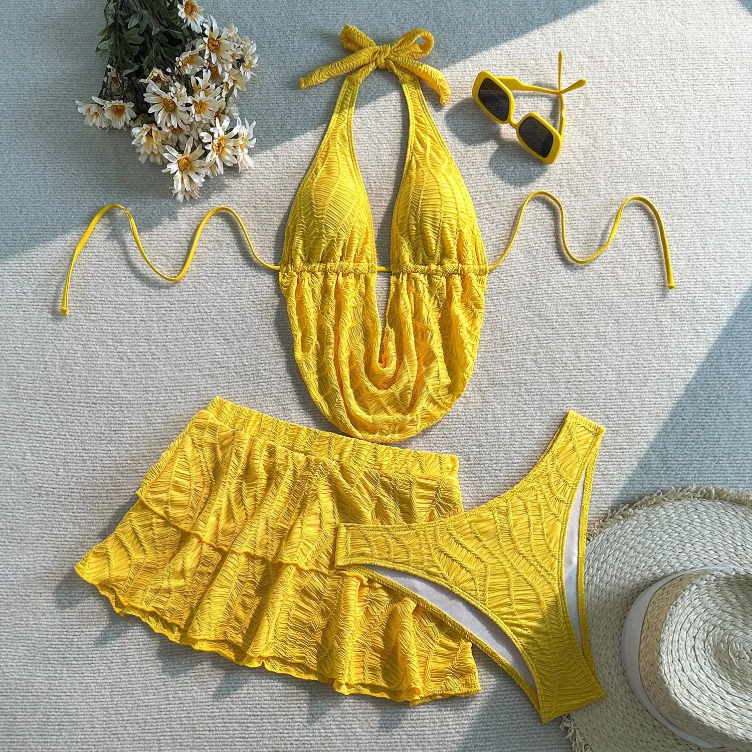 3PC with Skirt Wrinkled Halter Tankini Bikini