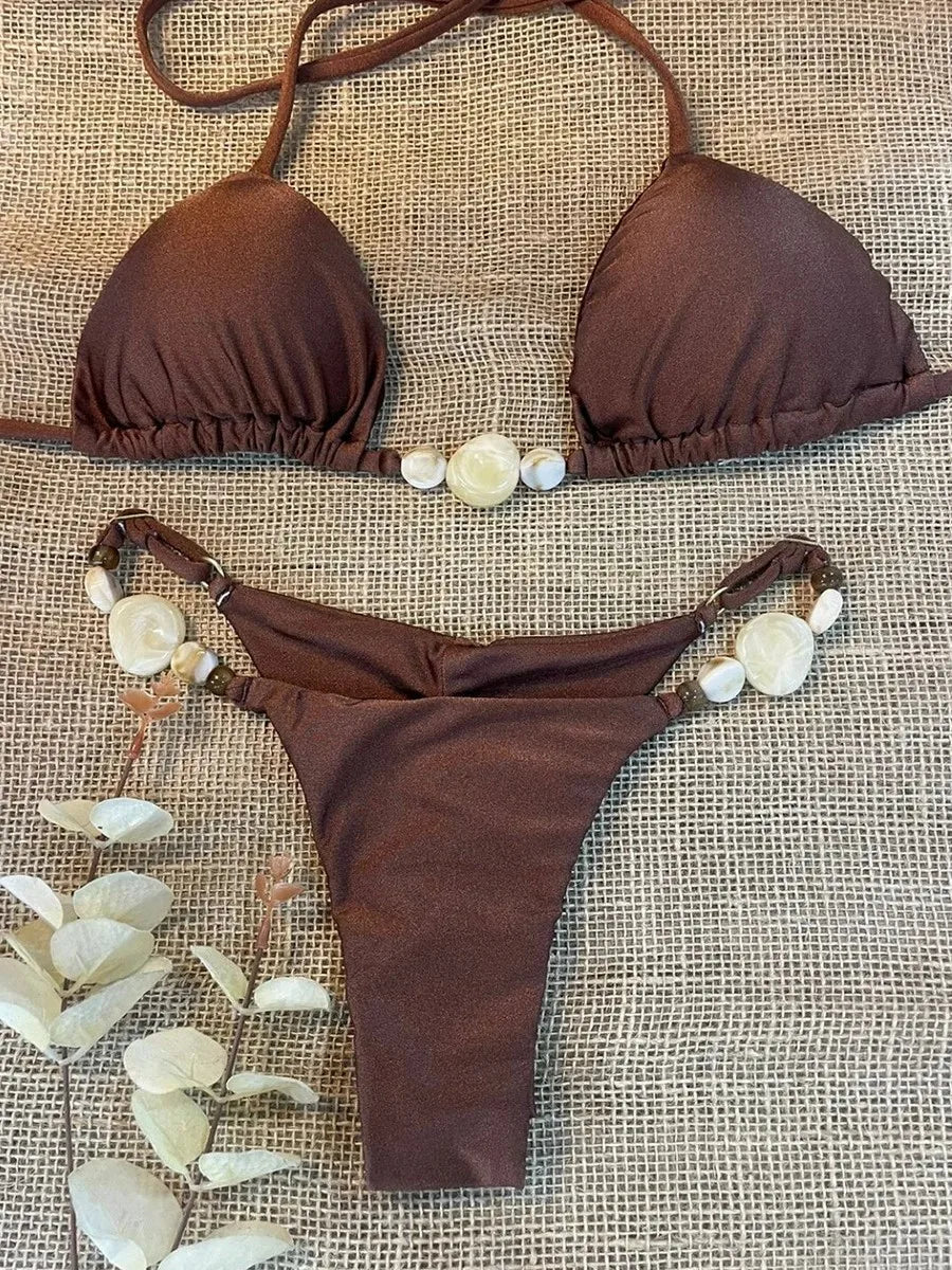 Shiny Halter High Leg Cut Beads Bikini