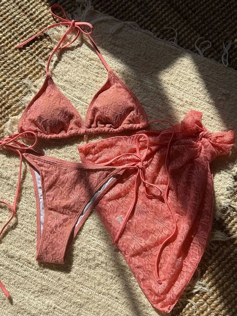 with Mesh Sarong Lace Halter High Cut Bikini
