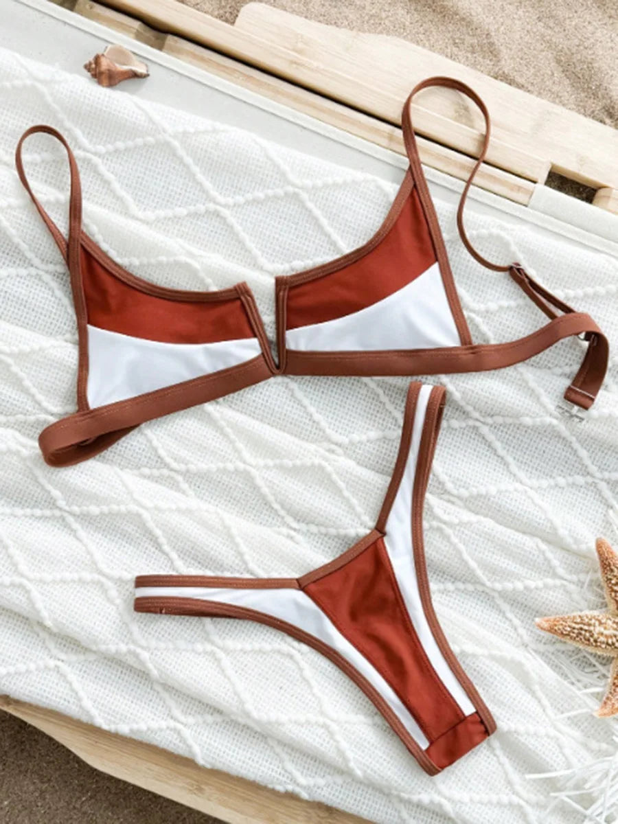 S - XL Splicing V Shaped Thong Bikini