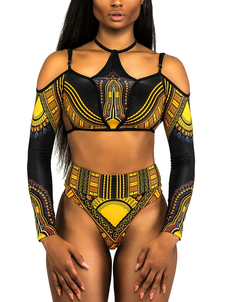 African Print Long Sleeve High Waist Bikini