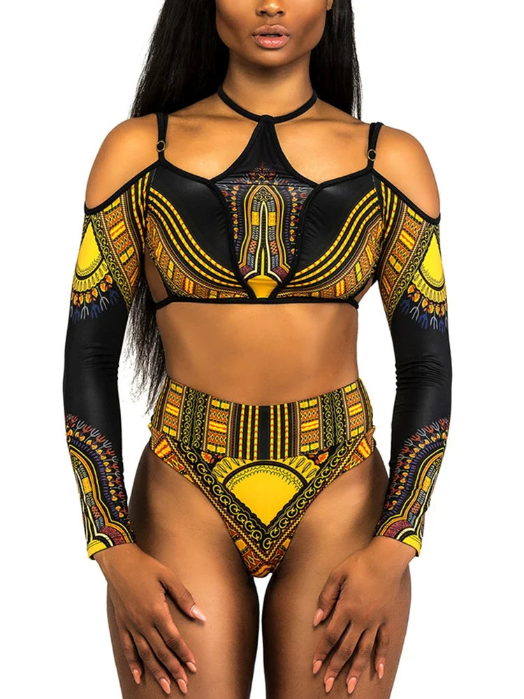 African Print Long Sleeve High Waist Bikini