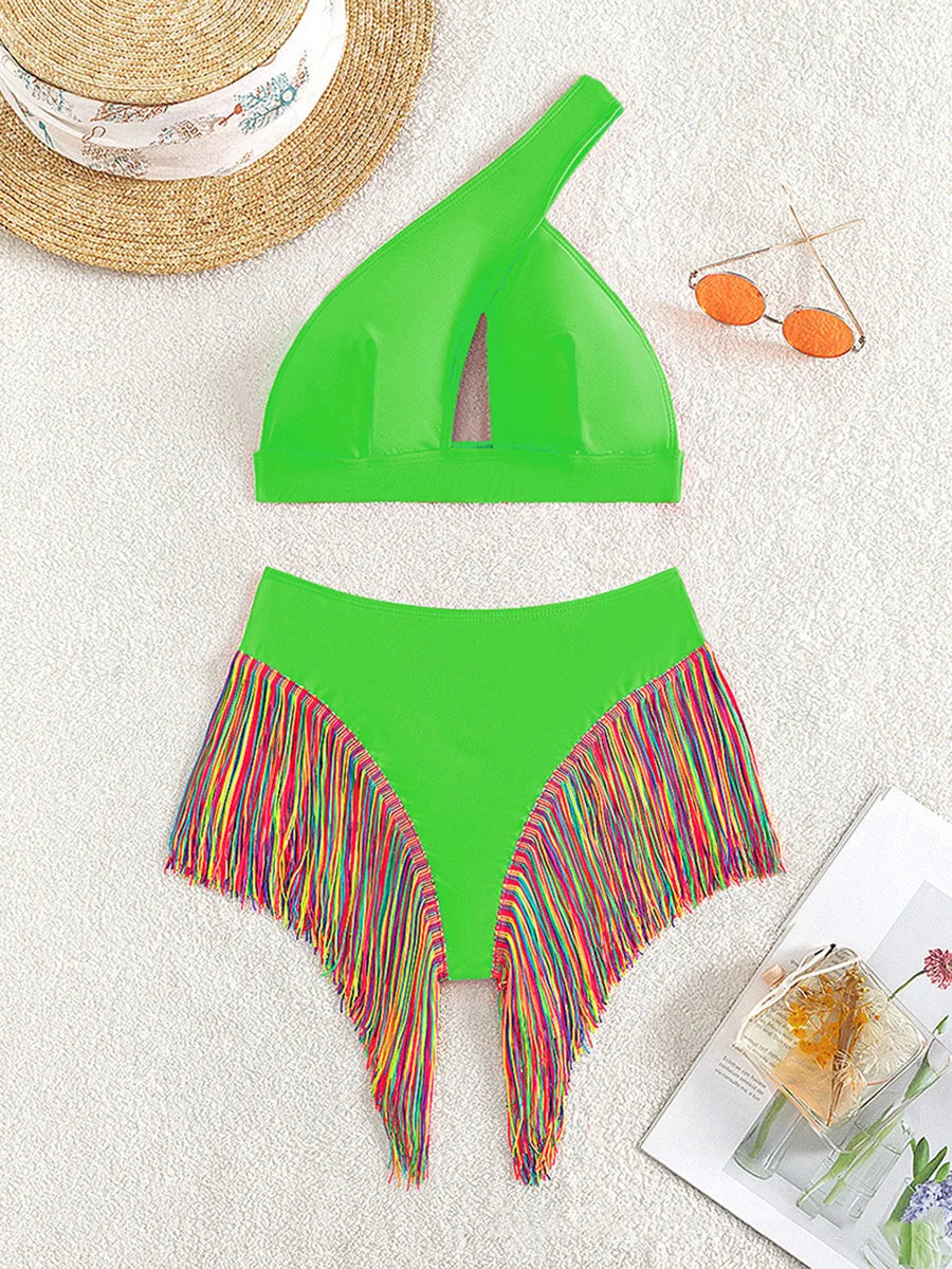 Fringe Tassel One Shoulder High Waist Bikini