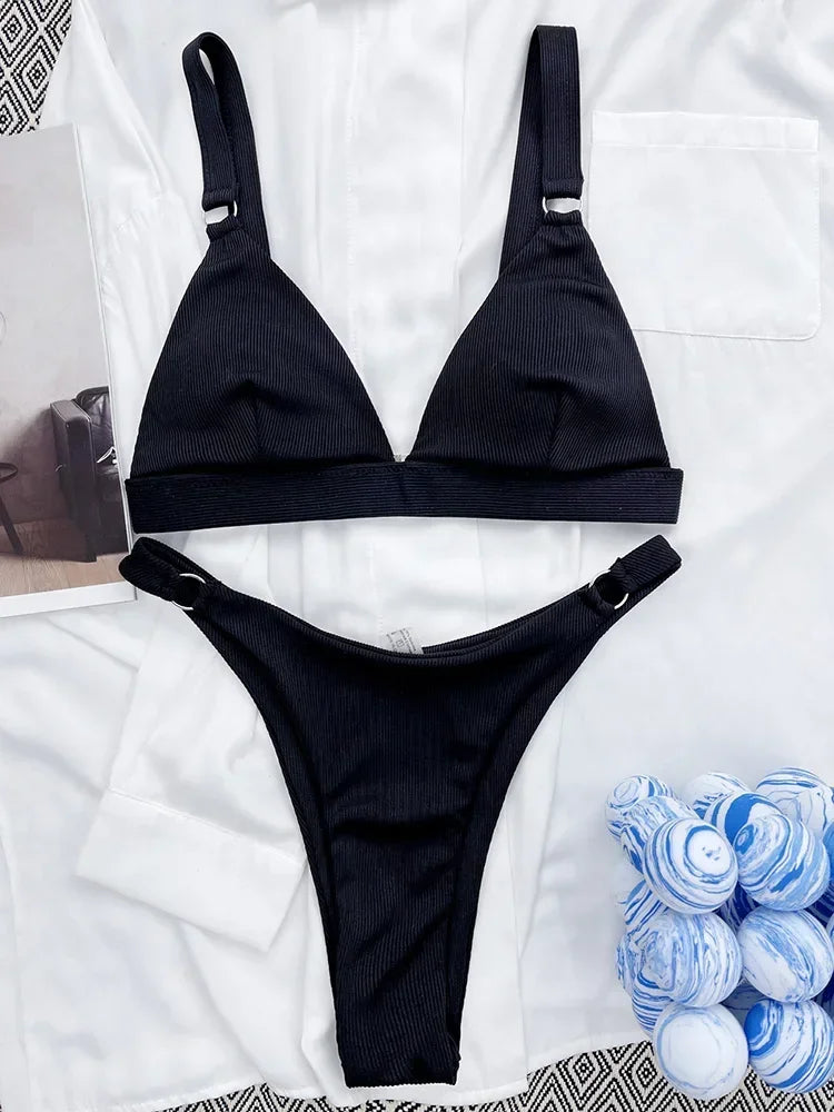 Ribbed Triangle High Cut Bikini