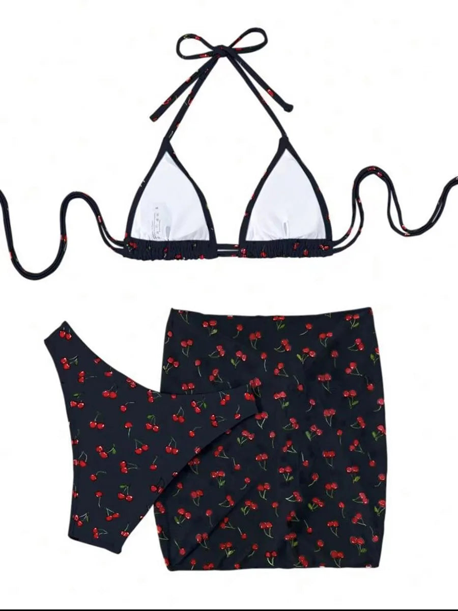 With Mesh Skirt Cherry Printed Bikini