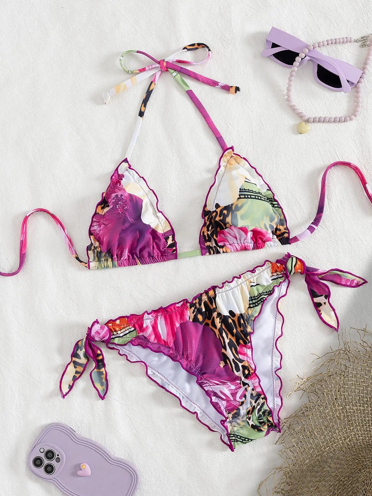 Cute Orange Floral Print Bikini Set