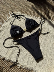 Mujer Women Orange White Metal Ring Ornament Push Up Swimsuit