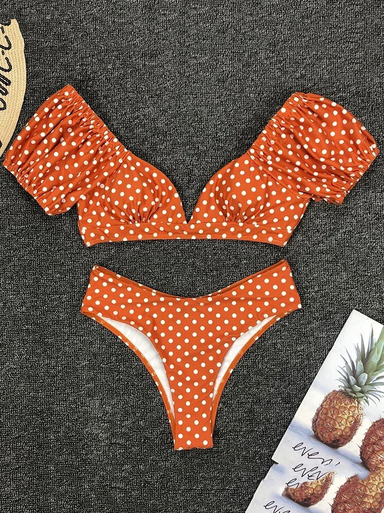Sexy V Neck Short Sleeve Polka Dot Bikini
