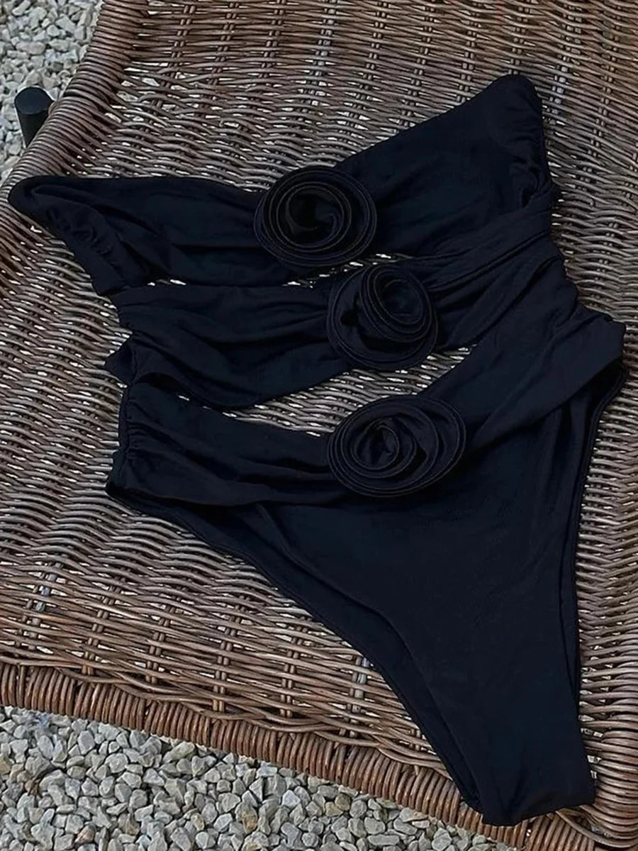 Sexy 3D Flowers Bandeau Monokini Hollow Out Female Swimwear One Piece Swimsuit