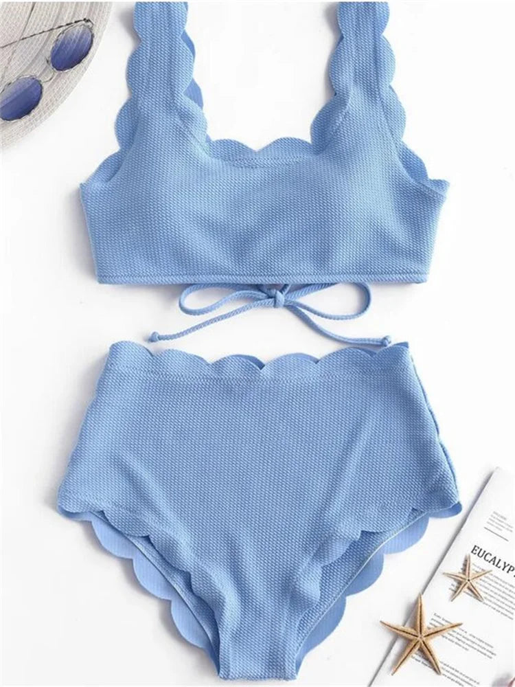 Solid Blue Two Pieces Swimsuit