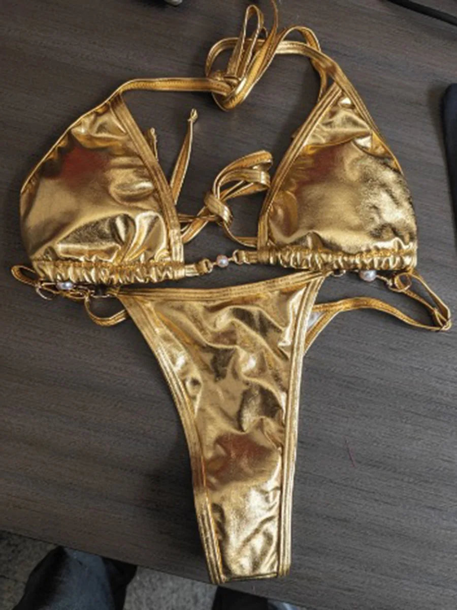 PU Leather Pearls Bikini