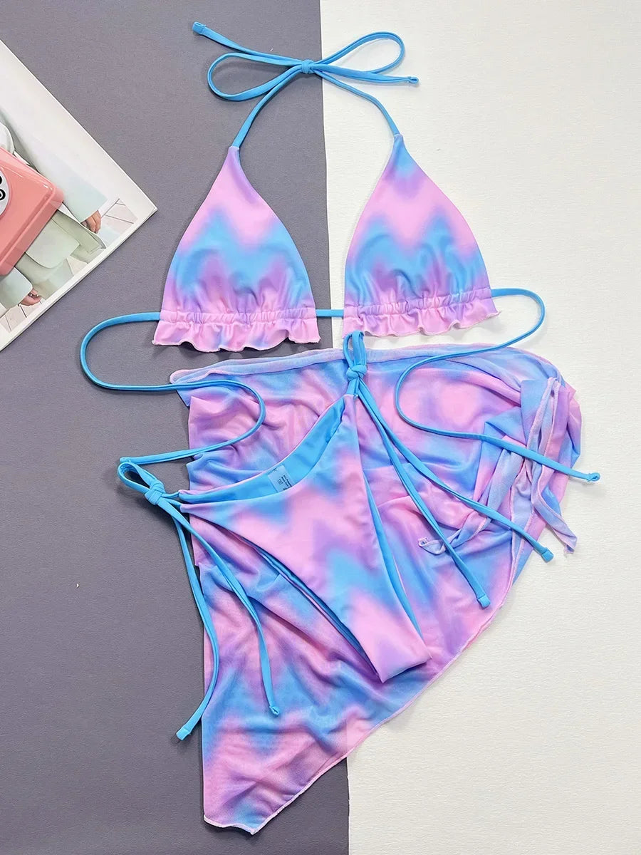 With Sarong Halter Ruffled Tie Dye Bikini