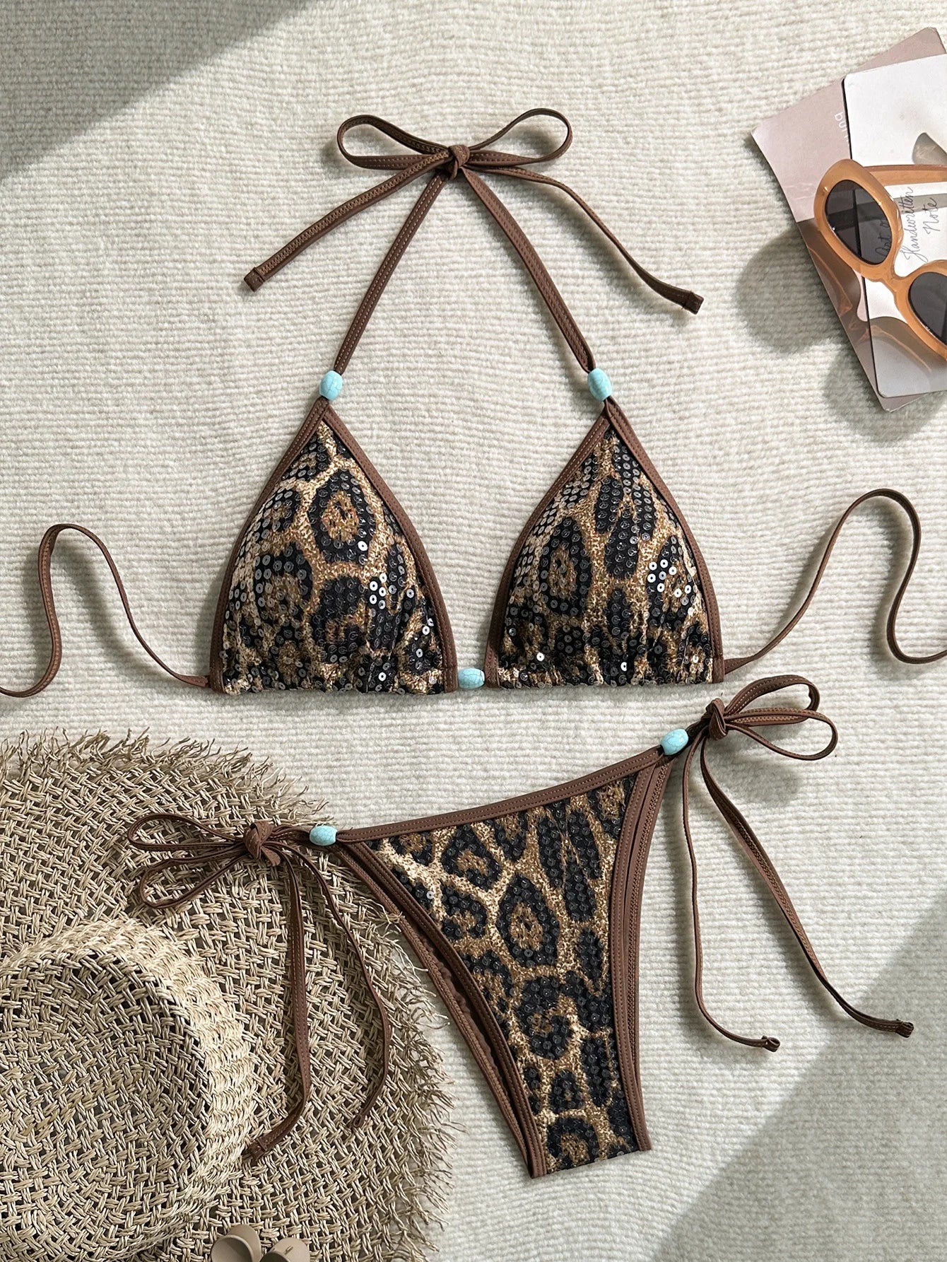 Sequin Brown Leopard Print Bikini Set