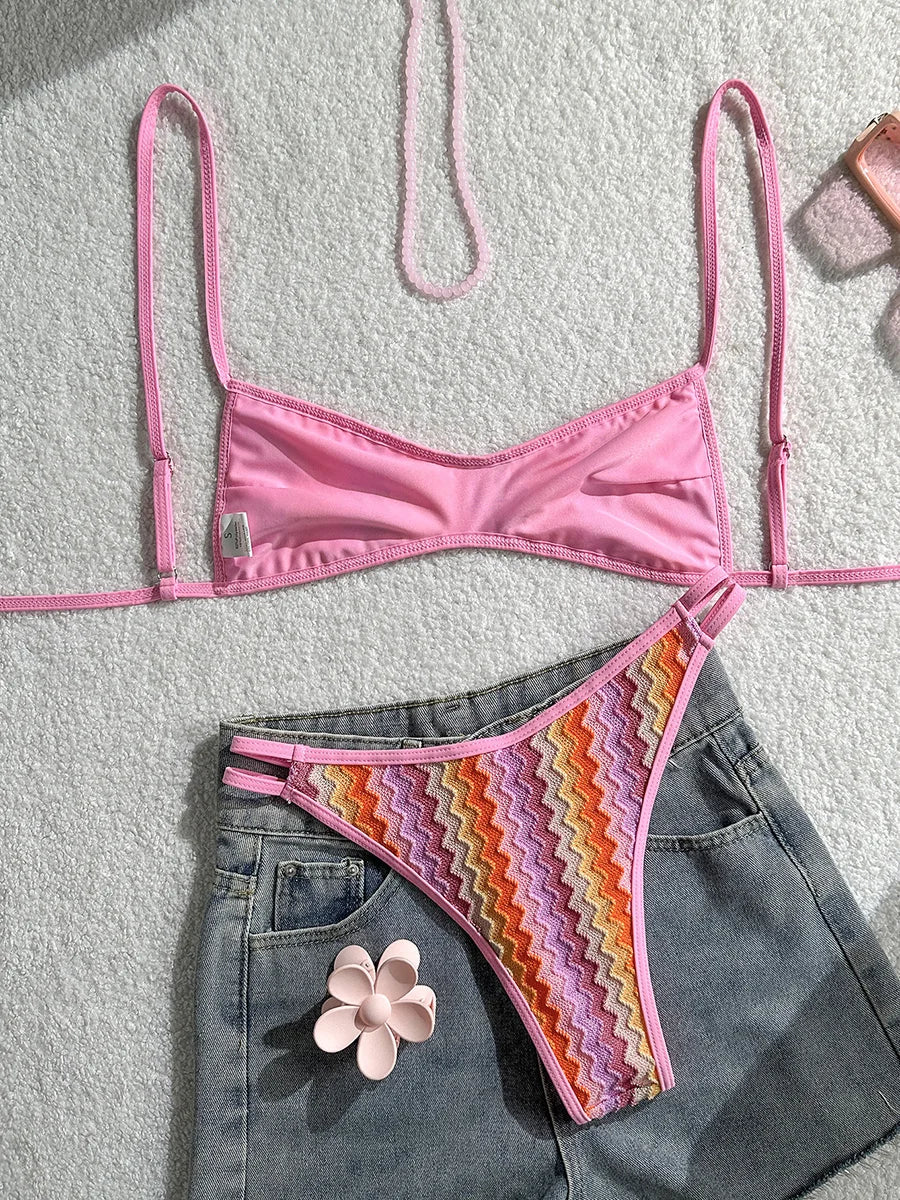 Crochet Striped High Leg Cut Brazilian Bikini