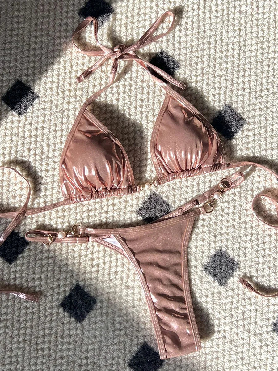 PU Leather Pearls Bikini