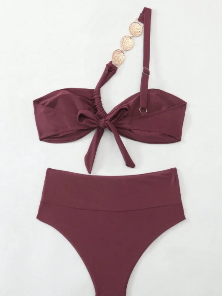 Sexy Metal Chain One Shoulder Bikini Set