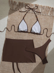 Sexy Coffee Cover Up 3 Piece Bikini Set