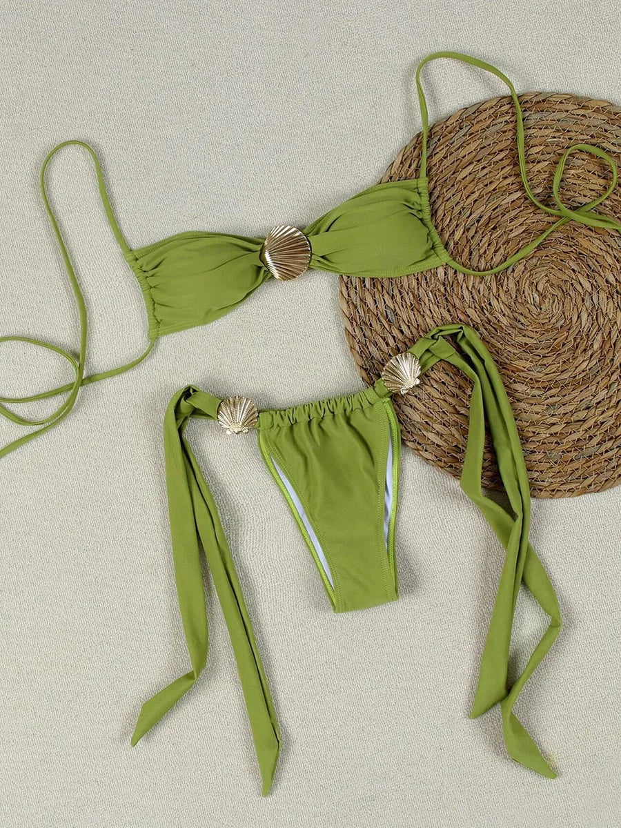 Metal Shell Halter Strappy High Cut Bikini