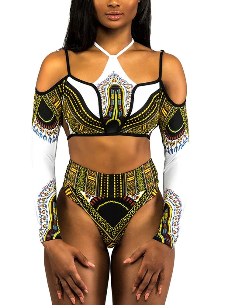 African Print Long Sleeve High Waist Bikini