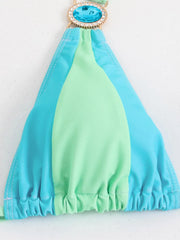 Green Contrast Diamond Push Up Ruffles Skirt 4 Piece Swimsuit