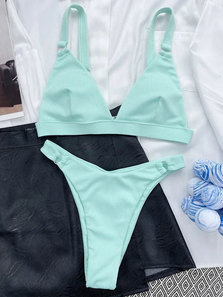 Ribbed Triangle High Cut Bikini