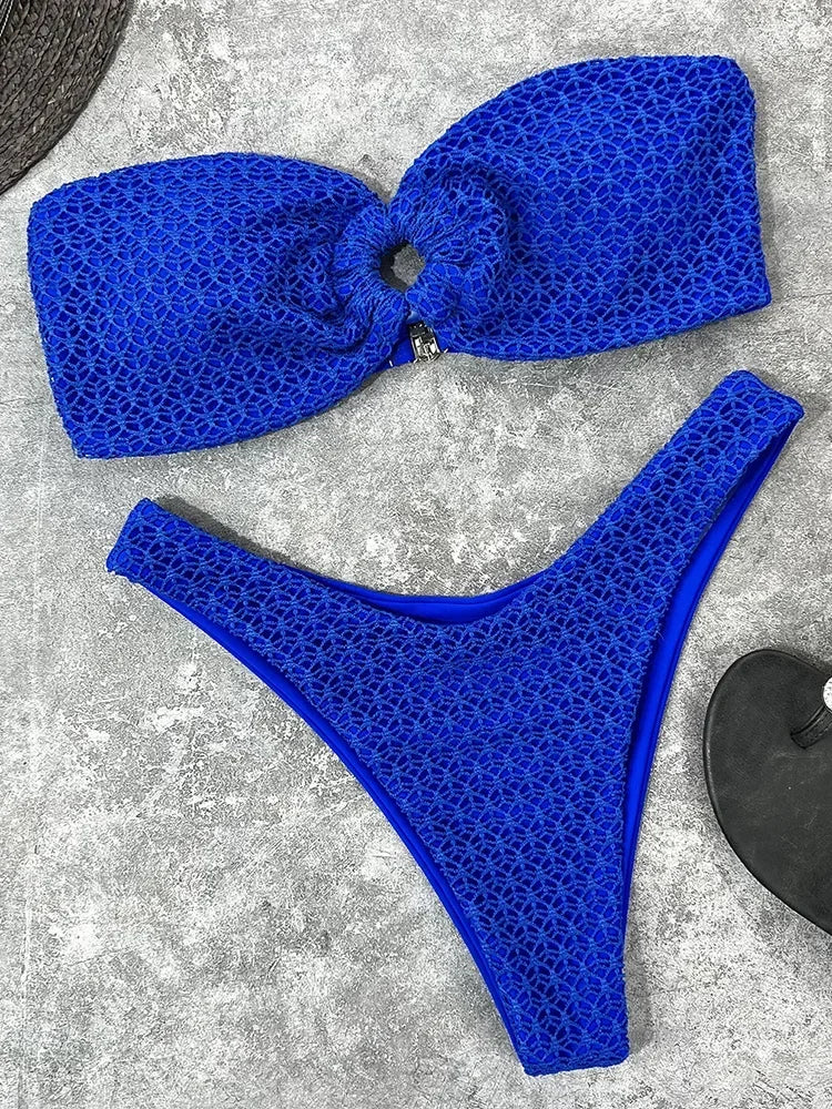 Wrinkled Fishnet Strapless Bandeau Bikini